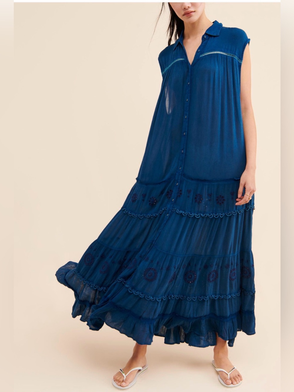 Free People Navy Blue Tiered Button-Down Maxi Dress